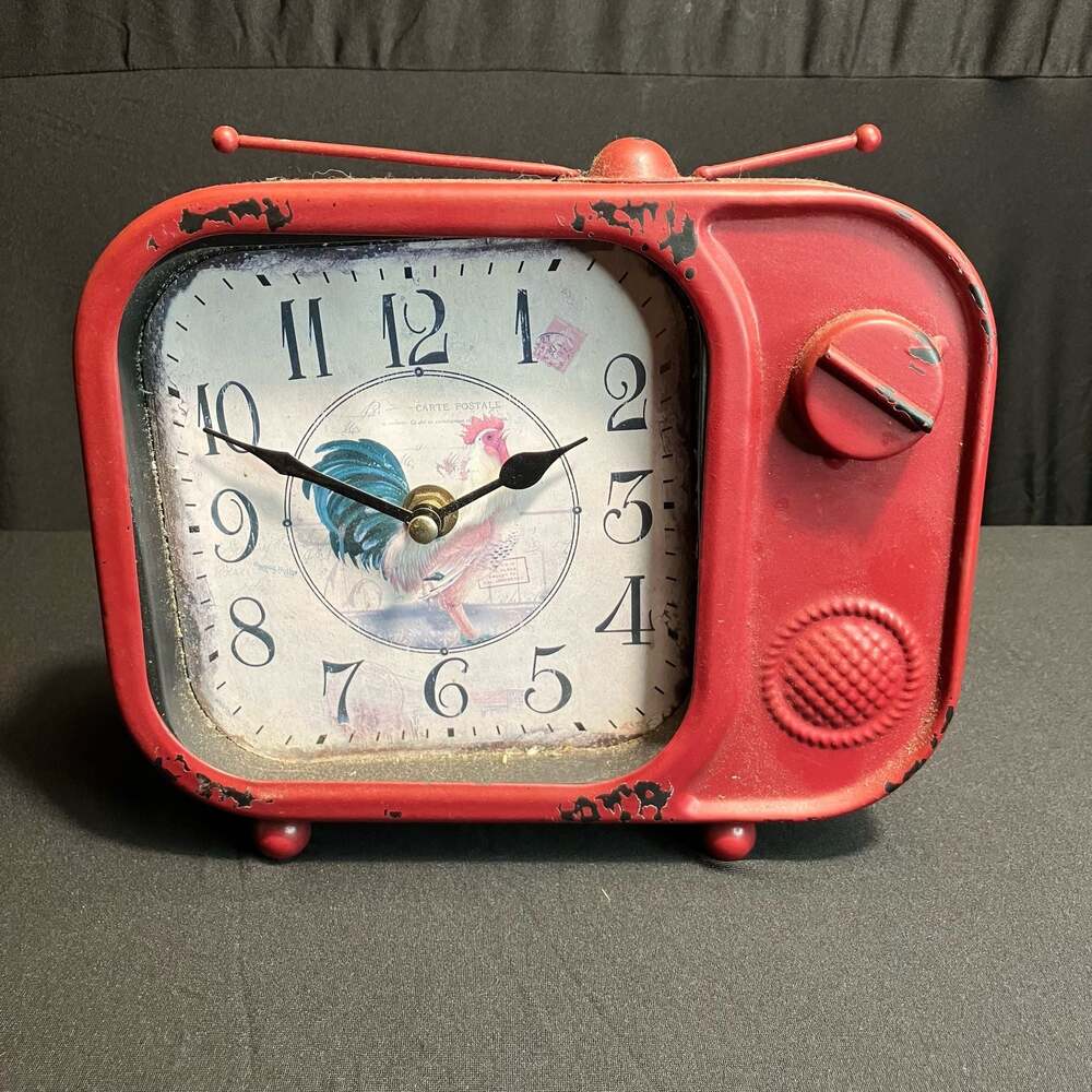 Retro TV-Shaped Metal Desk Clock with Rooster Motif UNTESTED